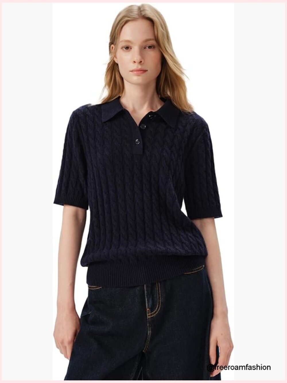 100% Pure Cashmere Cable-Knit Short Sleeve Polo Navy
